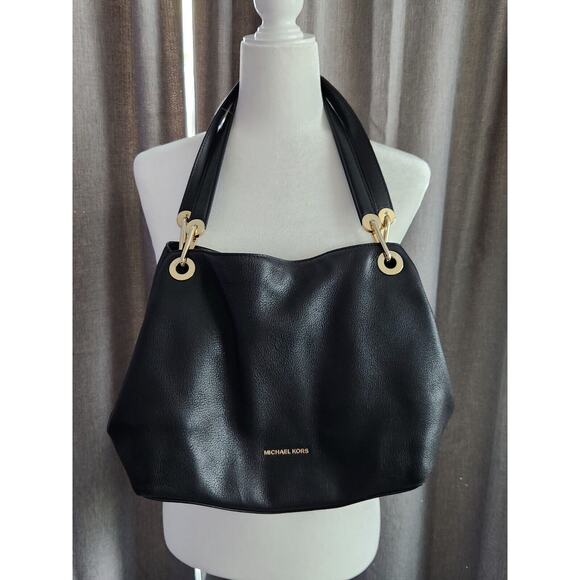 MICHAEL Kors Black Gold Raven Large Pebbled Leather Shoulder Tote Bag - Picture 2 of 9